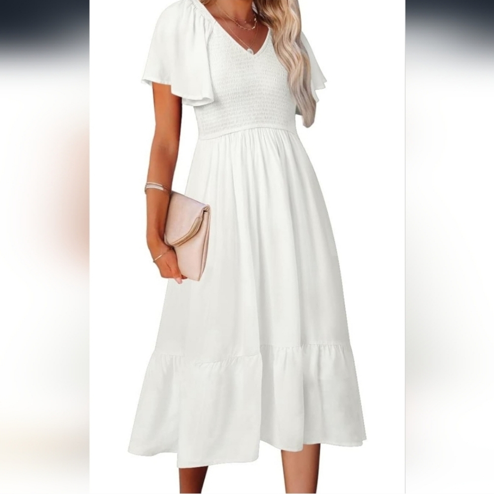 Merokeety Flutter Sleeve Smocked Fit Flare White Sun Dress V Neck